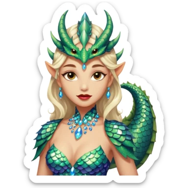 Am amazing blend of a half dragon woman with glittering jeweled scales covering her body. She has large almond shaped eyes, lush lips, and she wears a stunning luminescent gown. sticker