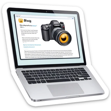 Create an emoji representing blogging. The design should feature an open laptop with a visible blog post on the screen, showing text. Add a photo or video camera to emphasize multimedia content. Do not include any emojis or smiley faces. Make the background transparent. sticker