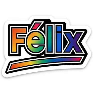 Félix name in masculine, modern gradient font with precise Hungarian characters, dark outline, extra thick, prominent white letter border, dynamic slanted underline, rainbow gradient colors, 1000x1000 px, PNG, transparent background sticker