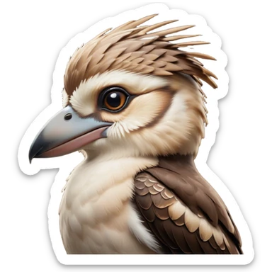 Cinematic Noble Kookaburra Portrait Emoji, Poised and regal, with a stout, robust build and a striking plumage of earthy browns and creams, a strong beak and deep-set soulful eyes, Simplified yet sharp and sophisticated features, highly detailed, glowing with a soft, dignified glow, high shine, intelligent and exuberant, stylized with an air of native woodland majesty, focused and attentive, soft glowing outline, capturing the essence of a watchful and confident bird, so majestic it feels as though it could laugh out of the screen with effortless authority! sticker