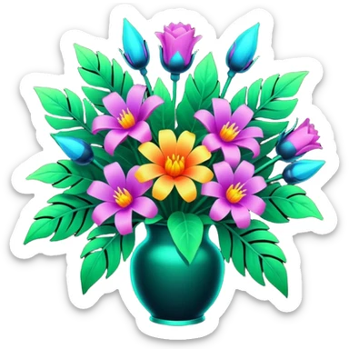  8k.quailty oversized beautiful, vivid? Different shaped, different types, glowing detailed cyberpunk style bouquet of flowers. Must have lush green leaves. Clean thin lines, smooth appearance, no emoji icons, no background, isolated, rendering. sticker
