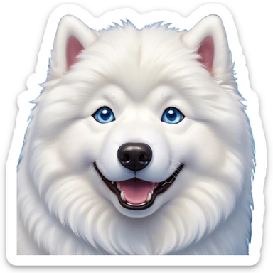 Cinematic Comical Samoyed Portrait Emoji, Head tilted dramatically with an exaggeratedly amused expression, featuring a striking, fluffy white Fur with a radiant sheen, wide, expressive blue eyes filled with playful disbelief, Simplified yet hilariously expressive features, highly detailed, glowing with a slightly sassy glow, high shine, dramatic yet playful, stylized with an air of cheeky mischief, bright and endearing, soft glowing outline, capturing the essence of a spirited and over-the-top companion, so meme-worthy it feels like it could side-eye its way into internet fame instantly! sticker