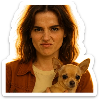 portrait centered of a woman inspired by Zoe Deutch's face, tanned complexion, subtle freckles, rebellious and playful expression, medium-length brown hair with auburn highlights, wearing a shirt color #FFF8CA and a rust-colored jacket, holding a beige-brown chihuahua, golden hour lighting effect, transparent background, Netflix series style sticker