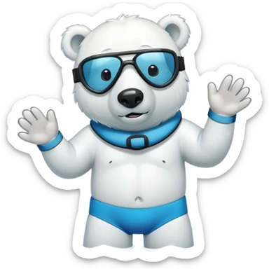 friendly anthropomorphised polar bear standing in a puddle of water, wearing board shorts, scuba mask over eyes, swimming armbands sticker