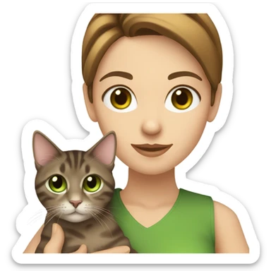 Caucasian women with brown hair and brown eyes holding a tabby cat with green eyes sticker