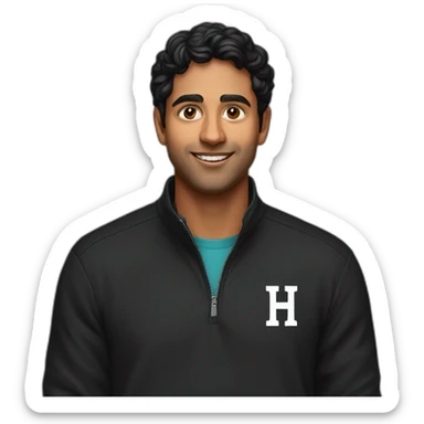 25 year old indian silicon valley creator economy startup founder in a black quarterzip with a harvard logo sticker