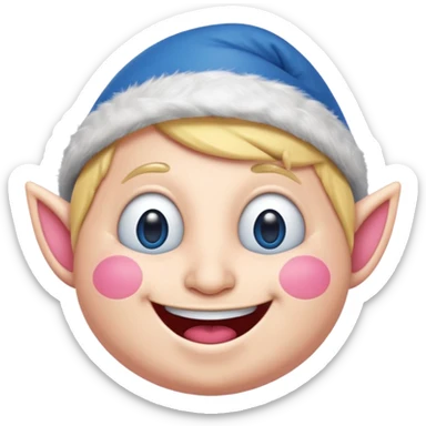 A blue emoji with fat pink cheeks and is smiling like a elf sticker