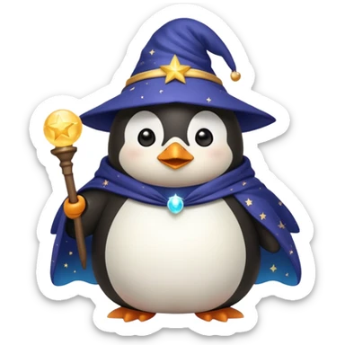 cute chubby penguin wizard with a starry cloak and a glowing orb sticker