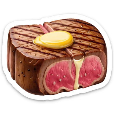 Cinematic thick-cut steak, perfectly seared with grill marks, a juicy pink center, butter melting on top, rich and savory, warm glow, sizzling and mouthwatering, highly detailed and appetizing. sticker