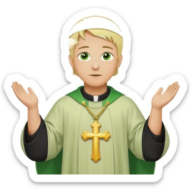 a priest, green eyes, blonde hair, light green chasuble (A wide, flowing, bell-shaped outer robe, without any religious symbols). opening arms, gazing thoughtfully. Soft light, subtle fern. Waist-up, profile. sticker