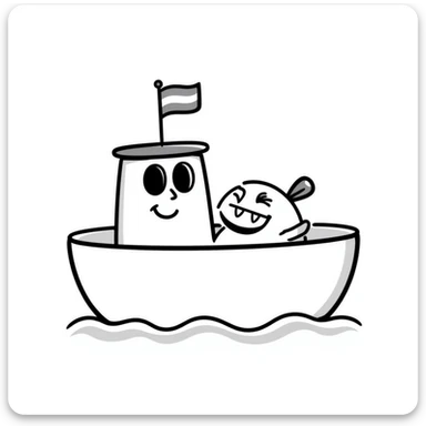 A hand-drawn bath toy boat with a silly grinning face and little flag sticker