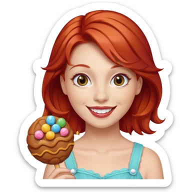 red hair woman with sweet treat accessories, not holding a candy sticker