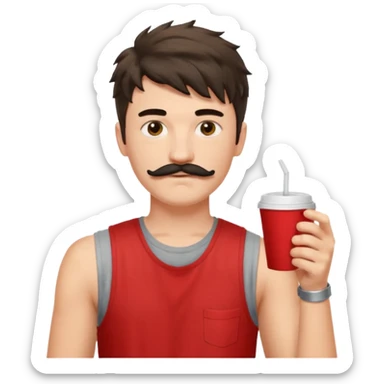 generate an ios genmoji of a fair 20 year guy with black mustache, messy mullet hairstyle, drinking takeaway coffee. wearing a sleeveless red tshirt sticker