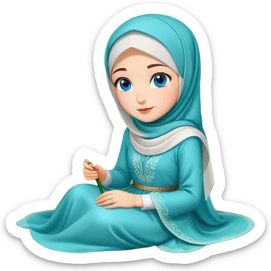 Turkish beautiful finish Konya girl blue eyes with lily flower hijab long tail dress and sits on the grass on the ground and hold lily flower on hand  sticker