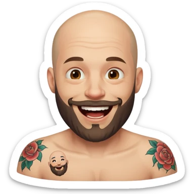 bald man with a beard and tattoo, laughing sticker