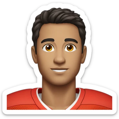 a young man with no beard and very short dark hair and brown eyes in a red ferrari jersey sticker