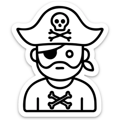 A pirate character with an iron, black and white line art, minimalist design, clean lines. sticker