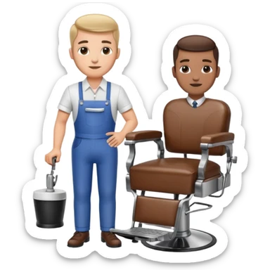 virtual assistant character in a small barber shop, standing next to a barber chair sticker