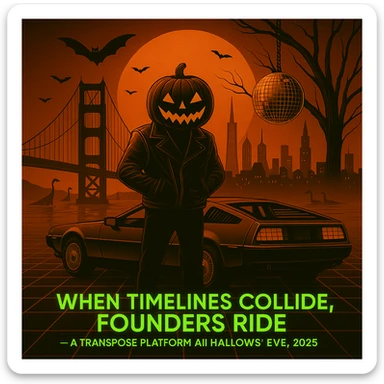 Add the words below the DeLorean, make the words neon retro green, When Timelines collide, Founders ride — a Transpose Platform All Hallows’ Eve, 2025.  sticker