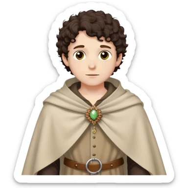 medieval spring outfit worn by a DnD themed fantasy male character. thin wool tunic with a light cloak draped over one shoulder, secured by a wooden brooch. clothes only above the waist. The clothes full waist. The character's haven't arms. character is white-skinned, dark brown hair, hazel eyes, short curly hair. sticker