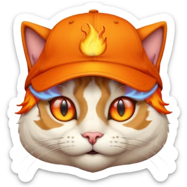 Cat with the flames in his eyes with a orange baseball hat on his head sticker