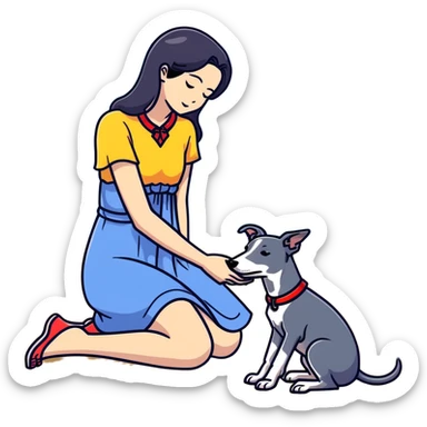 Only ONE beautiful 25-year-old Japanese woman with long flowing black hair wearing a stylish BLUE beach dress, gently PETTING her ONE PURE SOLID DARK GREY whippet with a bright RED COLLAR on a sunny beach. The woman is kneeling or bending down to pet the whippet, with her hand lovingly stroking the dog's head or back. The single whippet MUST be 100% SOLID DARK GREY with ABSOLUTELY NO WHITE MARKINGS ANYWHERE - specifically NO WHITE on face, NO WHITE on chest, NO WHITE on paws - ENTIRELY ONE CONSISTENT SOLID DARK GREY COLOR throughout. Just one woman and one dog. Bright blue daytime sky, sunshine, blue ocean and golden sand beach in the background. sticker