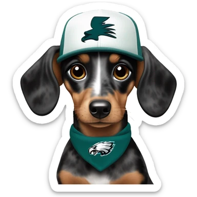 Miniature Blue Merle  Light Tri Brown and Black Spotted Dachshund wearing Philadelphia Eagles Hat with C on Jersey sticker