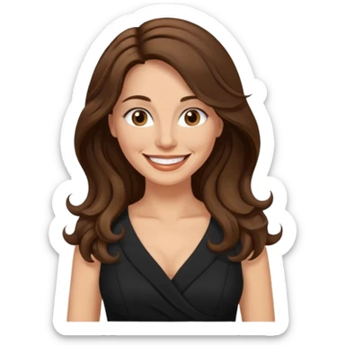 40 yr croatian woman, long wavy brown hair, big smile, side part, black dress
 sticker