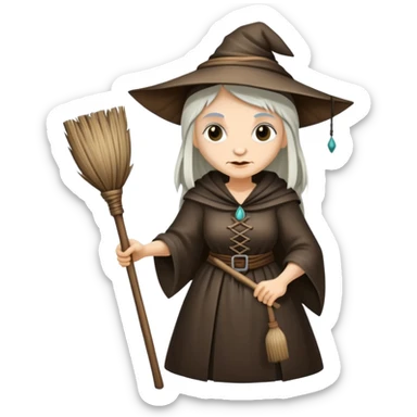 Baba Yaga sorceress woman holding a broom, old and wise sticker