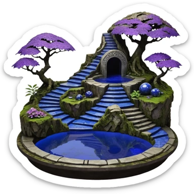 Crashed Alien saucer pool-saucerhouse jungle winding staircase lakeside mountainside-island getaway haunted nighttime landscape antique mudman very old broken cracked intricate Stone Age lapis-crusted irregular dodecagon-shaped shallow dark moss rough bark violet flowered maple tree bonsai sticker