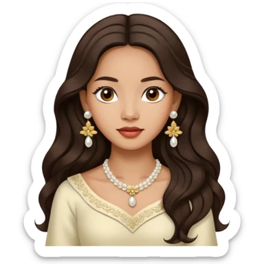 Tan Filipino woman with dark brown eyes and long dark wavy hair parted in the middle wearing a traditional filipiniana and white pearl stud earrings and no other jewelry sticker