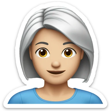 A head and shoulders shot of a 50 year old caucasian woman with short black hair, blue eyes wearing a tshirt. sticker