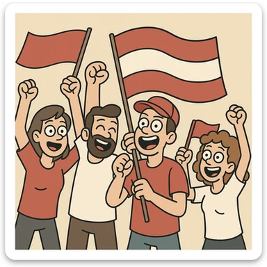 energetic cartoon style fans cheering with flags sticker