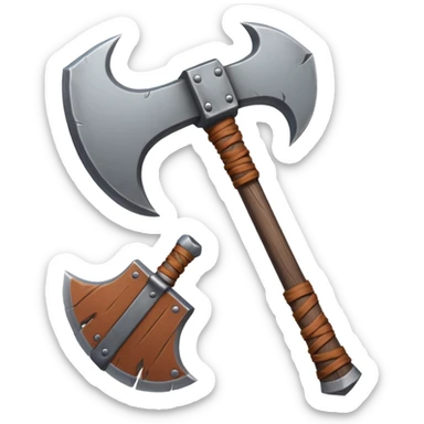 barbarian axe object icon, huge double-bladed axe, rough metal, wooden handle, leather wraps, fantasy style, 3D cartoon, mobile game icon style, centered, clean background, soft shadow, no text, no watermark
 sticker