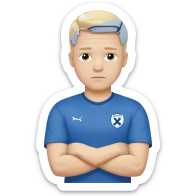 Pale blond man in blue football t shirt crossed arms cold stance  sticker