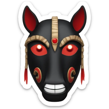 Black tribal mask of a smiling horse with red eyes in front sticker