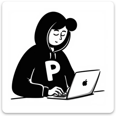 hacker in a black hoodie with the letter 'P' sticker