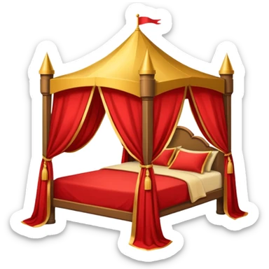 bed with red and gold sheets, wooden, canopy, simple, castle like sticker