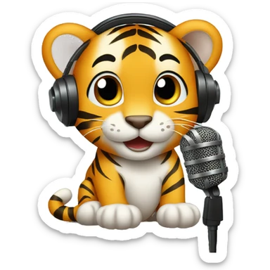 Baby tiger in audio studio with microphone sticker