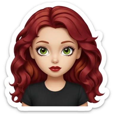 a pretty fair bratz girl with wavy dark red hair, wearing a black tee. eyeliner on, olive green eyes. Waist up sticker