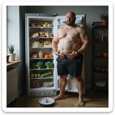 hyperrealistic 4K image of a man in gym outfit standing in front of an open fridge full of chicken, rice, broccoli holding his bloated stomach, scale with '75kg' at his feet sticker