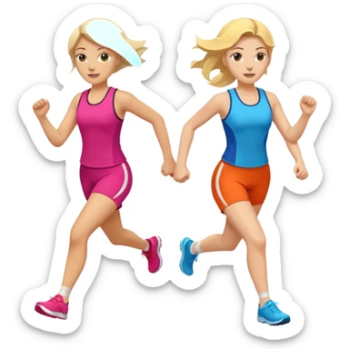 2 white women running holding hands one blonde one brunette sticker