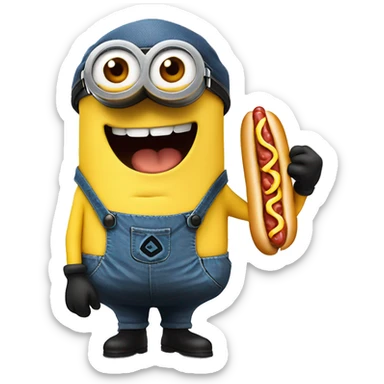 Minion wearing a hat eating a alive hotdog while dancing sticker