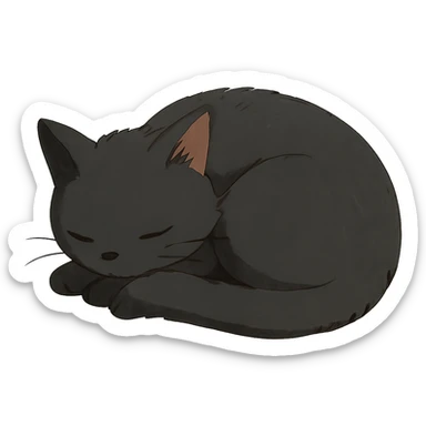 a young black cat sleeping curled up, ghibli style sticker