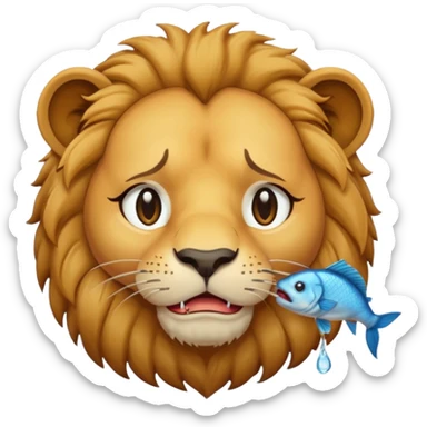 A lion eating a fish, feeling sad, cry, tear falling from eyes, portrait, bust up sticker