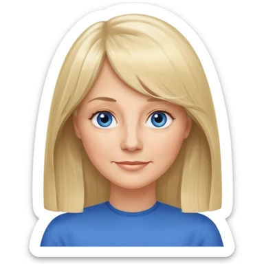 50 yr old white woman, curtain bangs, very long straight blond hair, oval face, small smile, blue eyes, thin face, hair down to elbows, round cheeks sticker