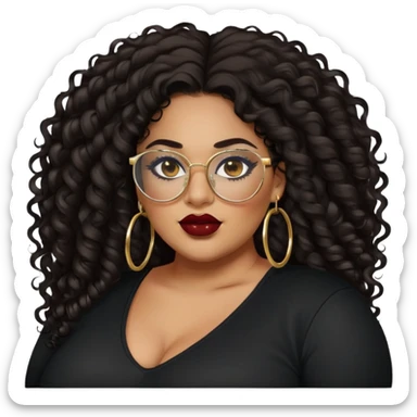 big plus size, latina, darker tan skin, gold hoops, long black curly hair, baddie,pretty, makeup, dark red lipgloss, black eyeliner, long hair, black shirt, black glasses sticker
