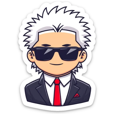 Satoru Gojo character with white spiky hair, black suit, red tie, sunglasses, and confident smirk sticker