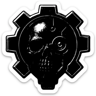 Add red and black color to the cyborg skull within a mechanical cogwheel, inspired by Adeptus Mechanicus, detailed and metallic, preserve transparent background, sharp lines, logo style. sticker