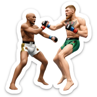 An MMA showdown between Conor McGregor and Anderson Silva in the octagon. McGregor is executing a jumping strike, while Silva skillfully deflects the attack. The background shows the UFC octagon with roaring fans and vibrant energy. Transparent background. sticker
